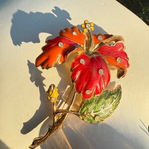Vintage-Inspired Floral Enamel Brooch in Red, Orange & Green